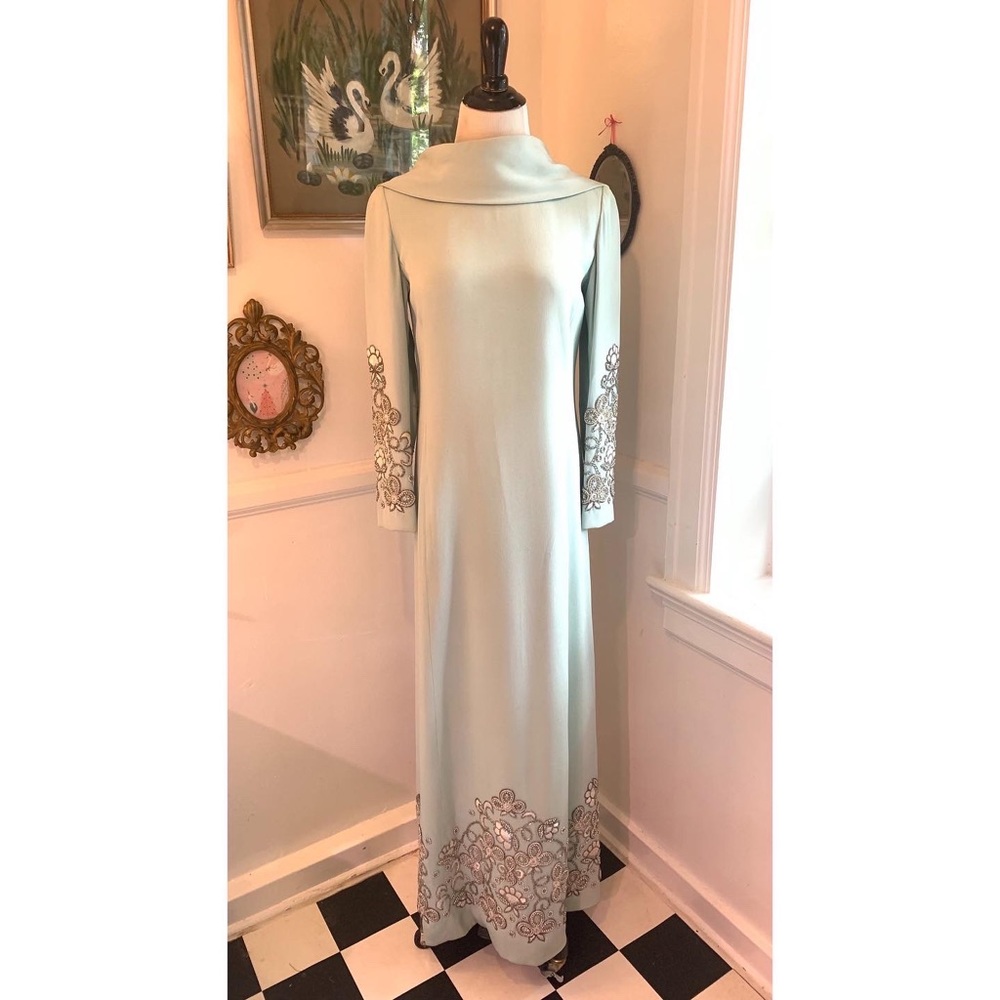 Vintage 1960’s icy blue floor length embroidered and beaded gown!